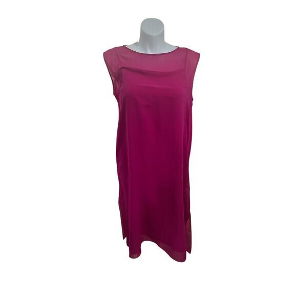EILEEN FISHER 100% Sheer Silk Georgette Sleeveless Dress Raspberry L NWT $398